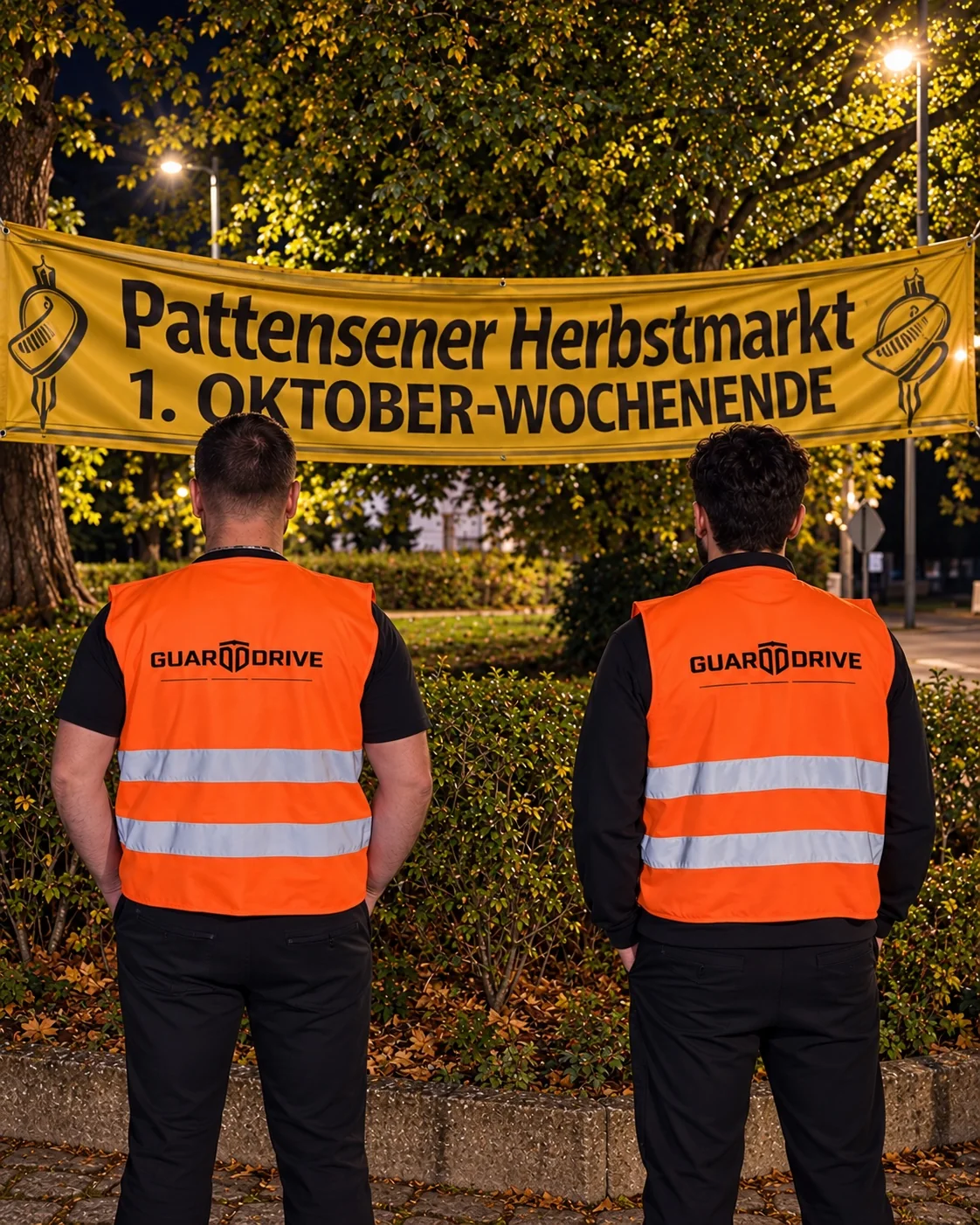 Zwei Sicherheitskräfte in orangefarbenen GuardDrive-Westen vor dem Banner des Pattenser Herbstmarkts.