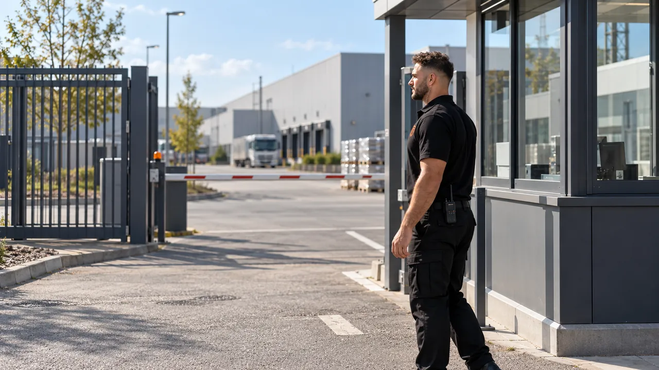 KI-Illustration: Sicherheitsmitarbeiter im GuardDrive-Polo an einer Betriebspforte